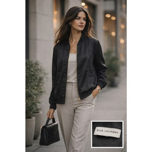 Silk Laundry Women M Jacket 100% Silk Bomber Quiet Luxury Minimalist Coat Black